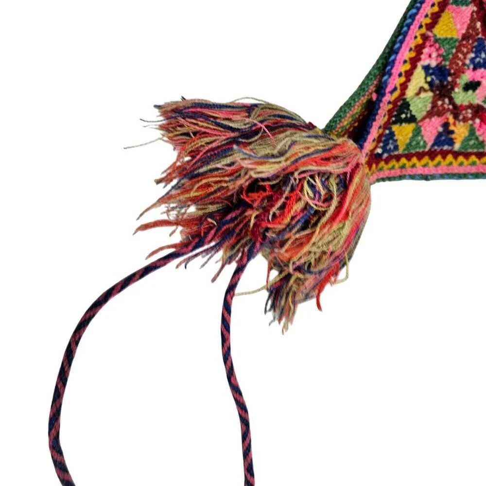 Vintage Hand Knit Tribal Wool Hat Colorful Geometric Patterns Tassels‎ Earflaps